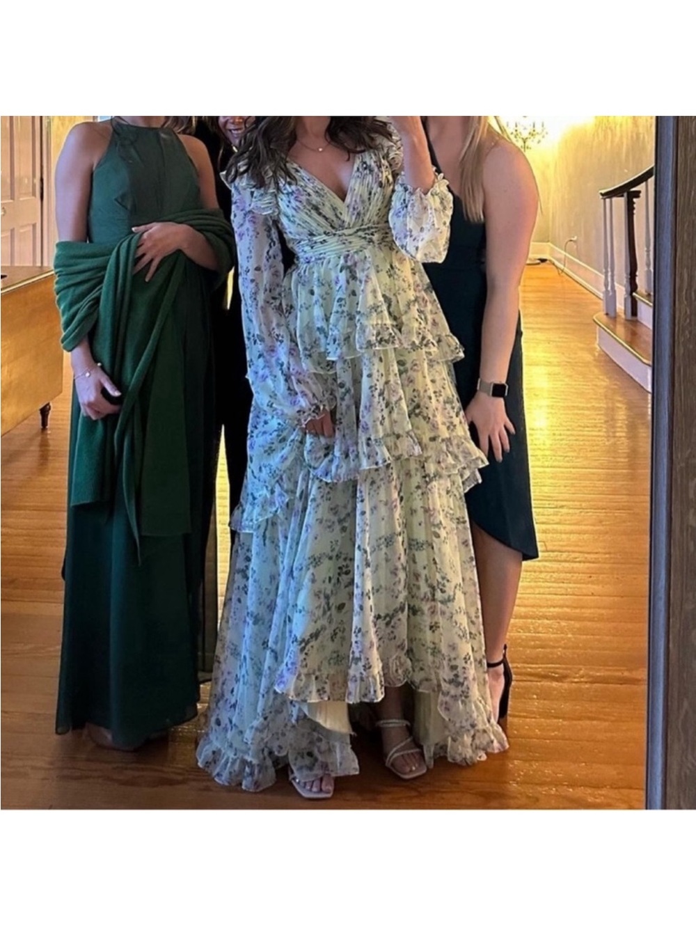 Mac Duggal Pale Green Floral V Neck Ruffled Chiffon Maxi Dress Evening Gown 8 - Picture 2 of 9